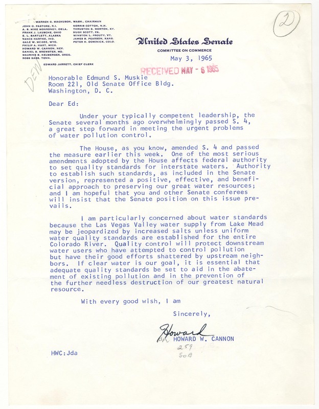 Letter from Howard W. Cannon to Edmund S. Muskie Regarding the Las Vegas Valley Water Supply
