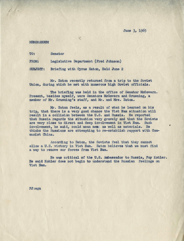 Memorandum to Senator Birch Bayh about Vietnam and USSR