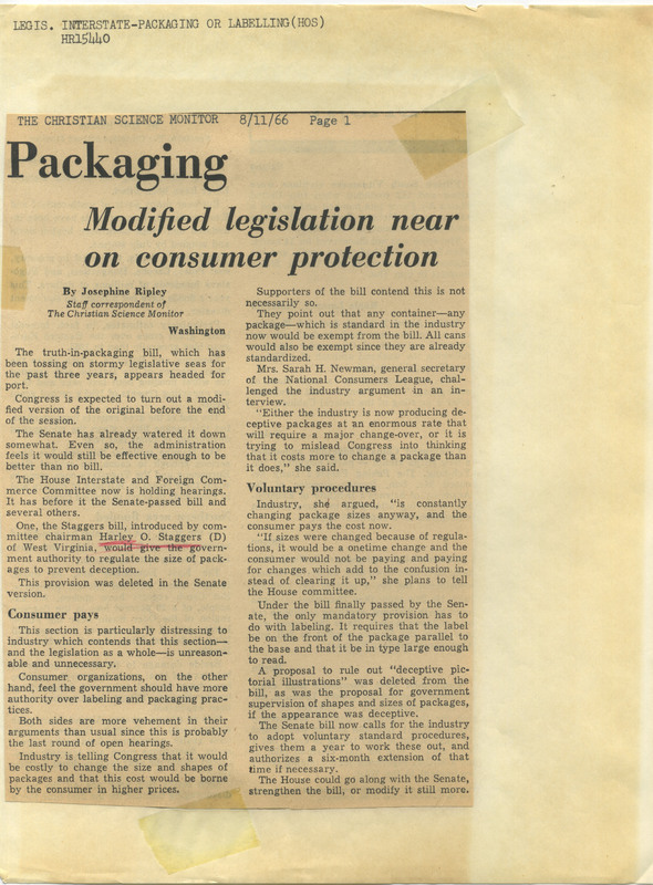 Clipping of a newspaper article about packaging legislation<br /><br />
