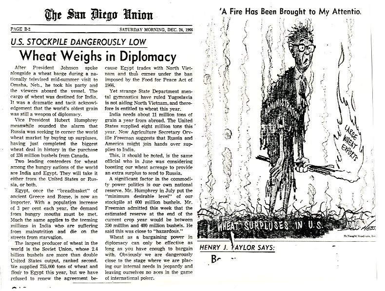 &#039;Wheat Weighs in Diplomacy&#039; and &#039;A Fire Has Been Brought to My Attention&#039; newspaper article and cartoon<br /><br />
