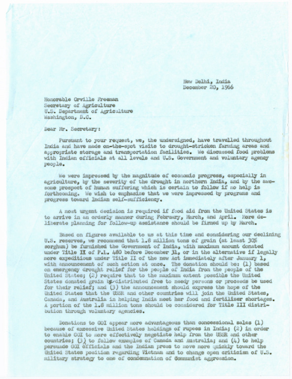 Joint letter to Secretary of Agriculture Orville Freeman from the Congressional Delegation to India<br /><br />

