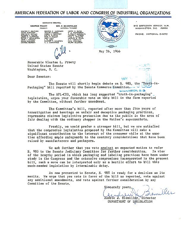 Letter from AFL-CIO, Department of Legislation, to Senator Winston Prouty<br /><br />
