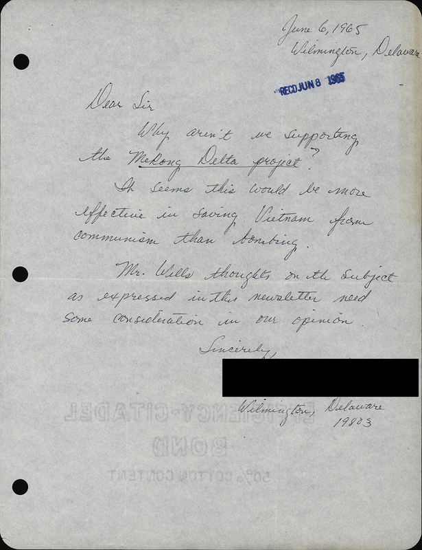 Constituent letter sent to Senator John J. Williams regarding the Vietnam War