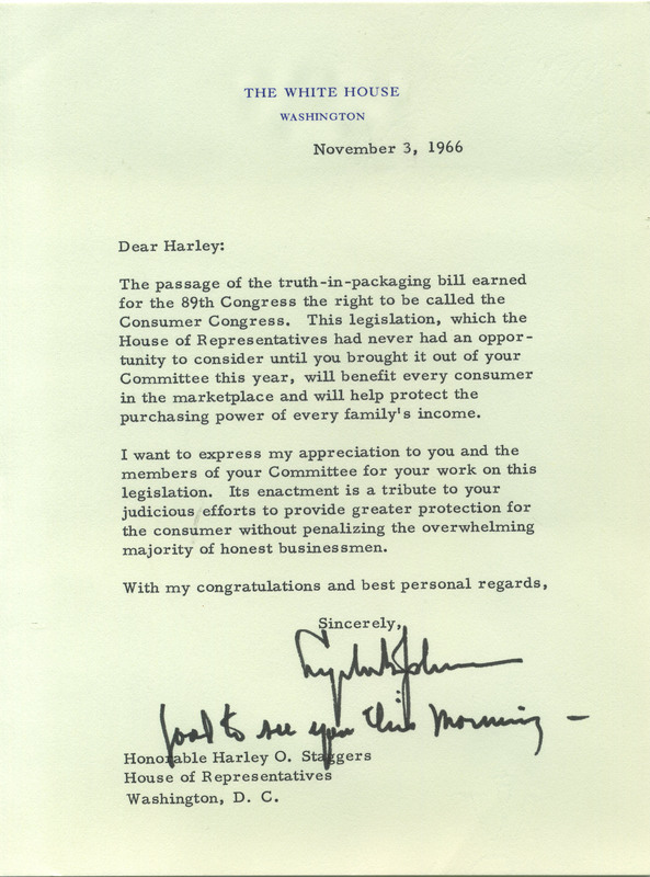 Letter from President Johnson to Representative Staggers<br /><br />

