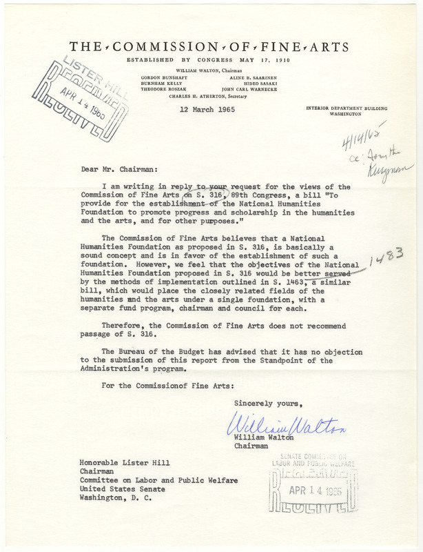 Letter from William Walton to Lister Hill Regarding S.  316<br />
