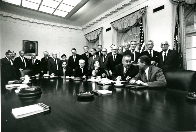 Photograph of President Lyndon B. Johnson and Vice President Hubert Humphrey with the House and Senate leadership<br /><br />
