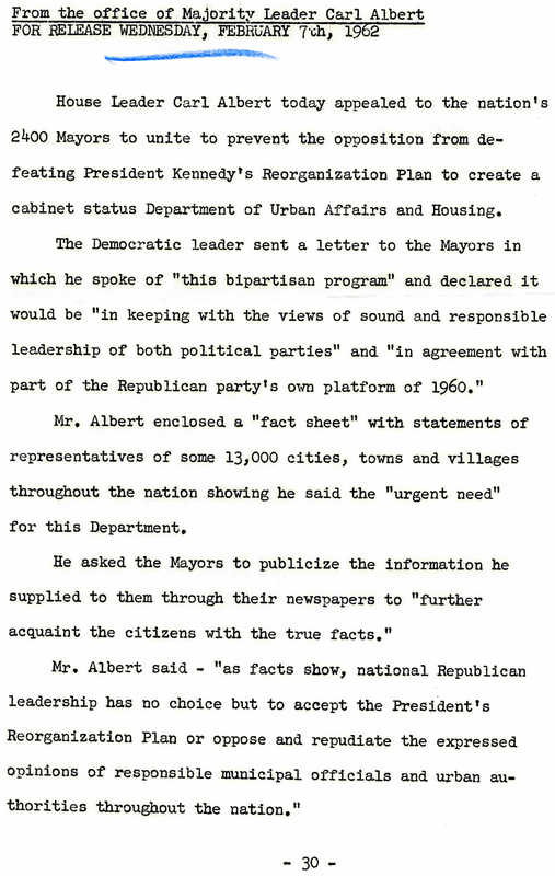 Press Release from the office of Majority Leader Carl Albert<br /><br />
