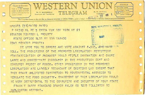 Telegram from Standard Brand Sales to Senator Winston Prouty<br /><br />
