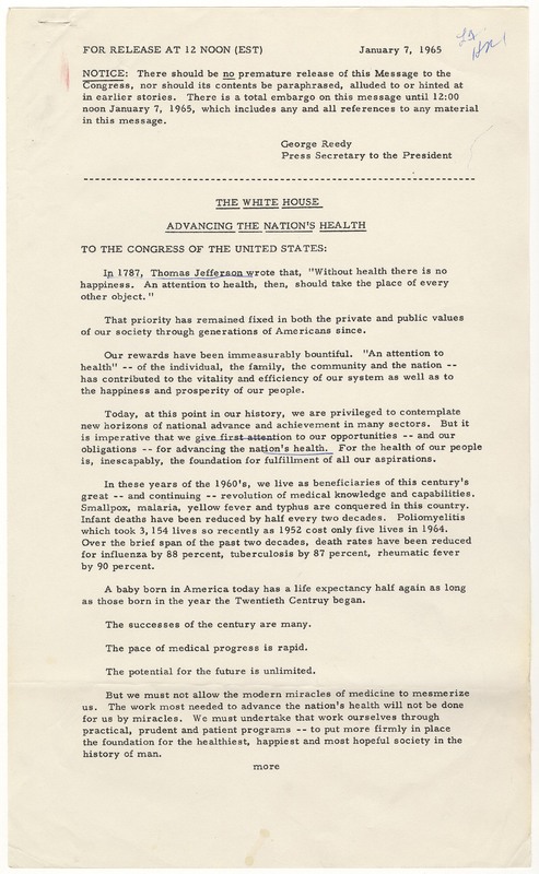 President Lyndon B. Johnson&#039;s Press Release Calling for a Hospital Insurance Program