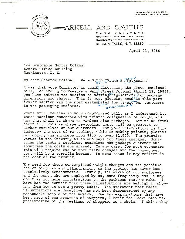 Letter from Arkell and Smiths Manufacturers to Senator Cotton, copy to Senator Winston Prouty<br /><br />
