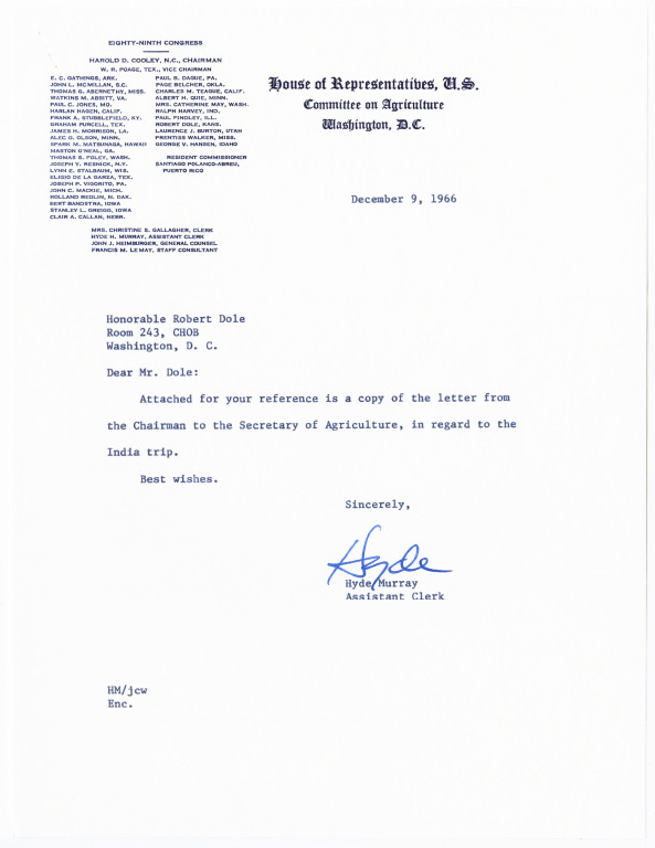 Correspondence between Congressmen Dole and Poage and the Department of Agriculture about the Congressional Delegation to India<br /><br />
