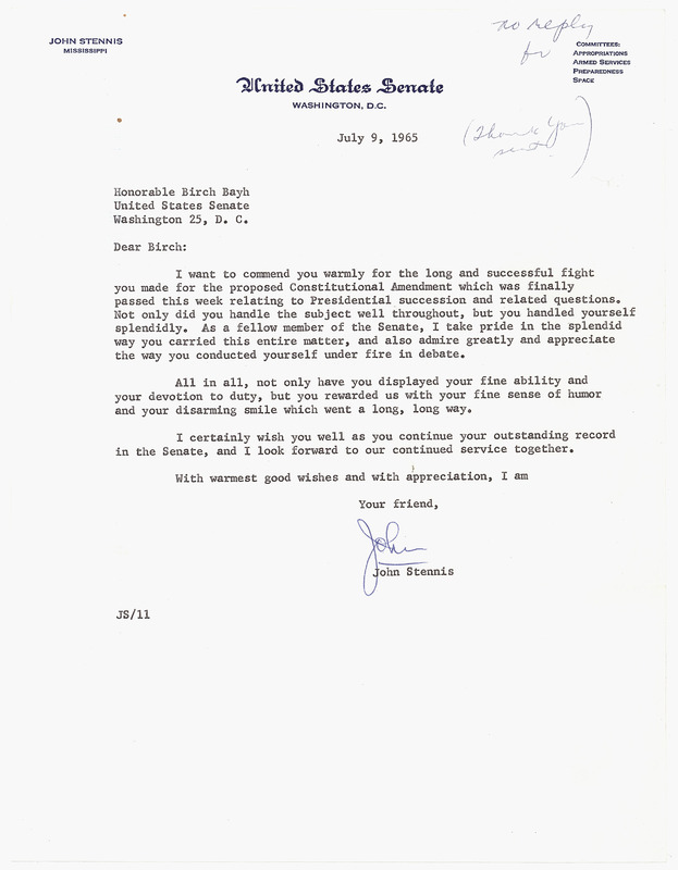 Letter from Senator John Stennis to Senator Birch Bayh