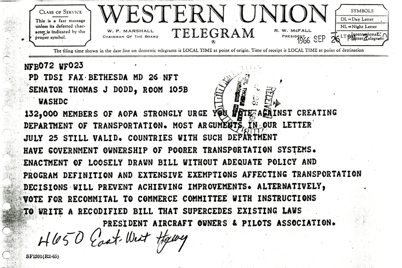 Telegram from the president of the Aircraft Owners &amp; Pilots Association to Senator Dodd<br /><br />
