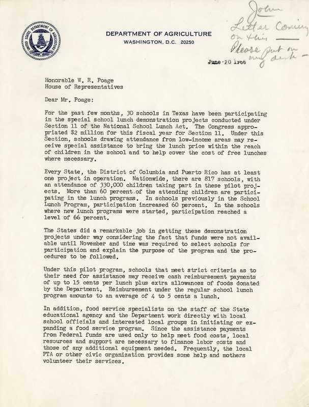 Letter from Rodney E. Leonard to Congressman Poage, June 20, 1966