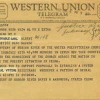 Telegram from the Presbytery of Hudson River of the United Presbyterian Church to Carl Albert