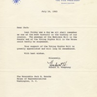 Letter from Vice President Hubert H. Humphrey to Texas Congressman Jack Brooks.<br /><br />
