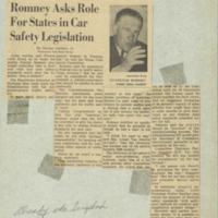 May 11, Article "Romney Asks Role for States in Car Safety Legislation"<br />

