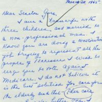 Correspondence from constituent to Senator Albert Gore, Sr. stating support for Eldercare legislation, dated March 20, 1965.