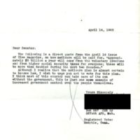 Correspondence from constituent to Senator Albert Gore, Sr. stating opposition to Medicare legislation, dated April 14, 1965<br />
