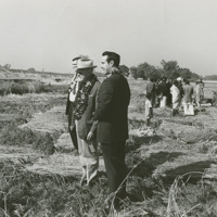 Photograph of Congressmen Poage and Dole wearing garlands in a paddy field<br /><br />
