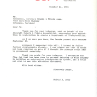 Letter from Senator Dodd to the president of the Aircraft Owners & Pilots Association.<br />
